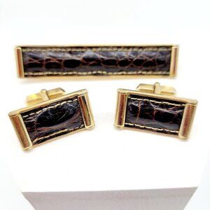 Vintage Anson Leather Tie Clip & Cufflinks Set Gold Tone Snakeskin Pattern VGC